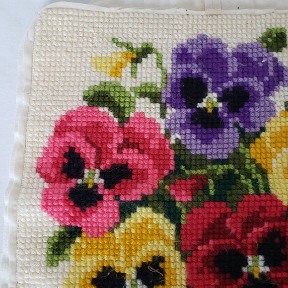 Vintage Completed Pillow Top 16x16 Needlepoint Needlework Pansy Flowers - Picture 3 of 8